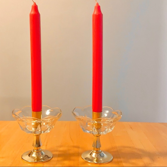 Other - Set of 2 Brass and Glass Candlesticks
